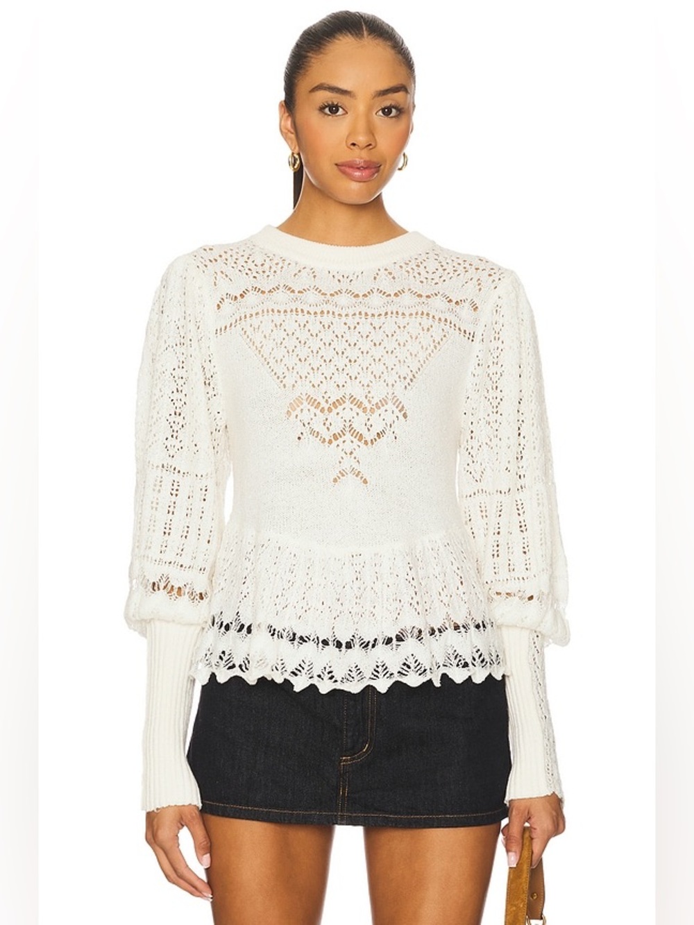 Free People | White Holey Peplum Sweater, L